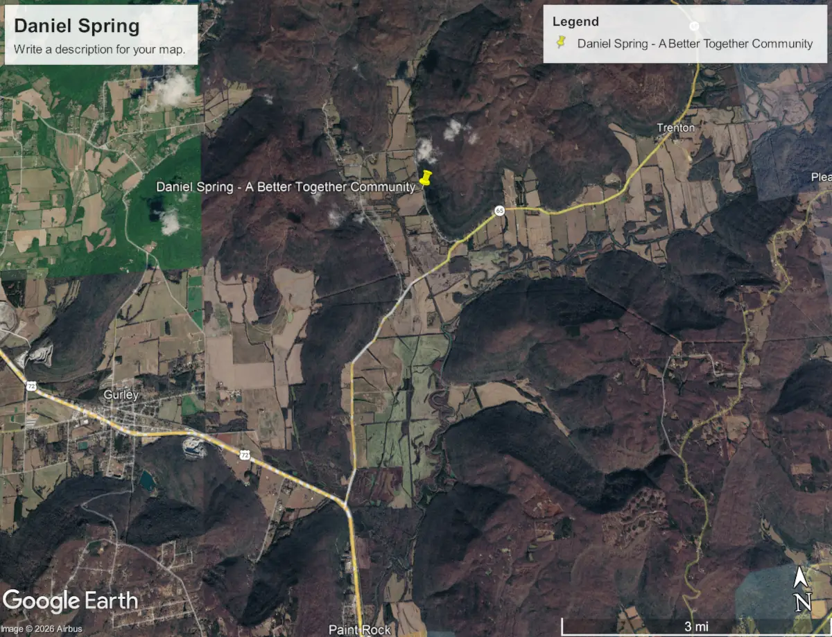 Annotated map showing travel routes to Daniel Spring